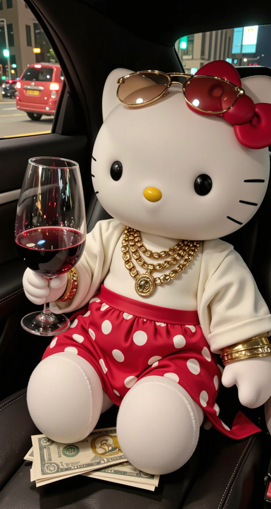 04516-2882120741-Hello Kitty,Hello Kitty,plug,a Hello Kitty doll in a luxurious costume sits in the front seat of the car. He was wearing gold su.png